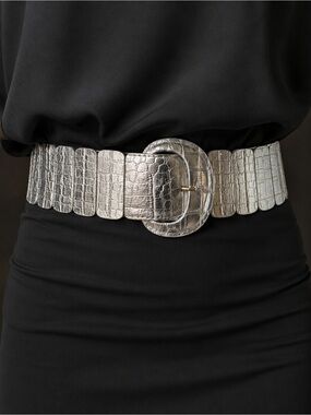🛍️Croc-Embossed Metallic Wide Waist Belt in Silver